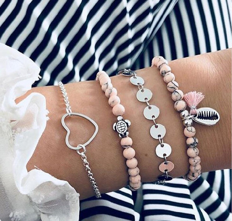 Novo boêmio amor coração mapa pulseiras conjunto para mulheres contas de cris