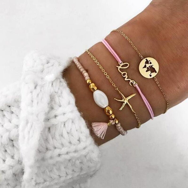Novo boêmio amor coração mapa pulseiras conjunto para mulheres contas de cris