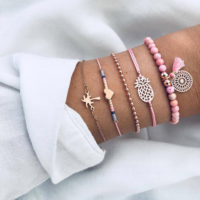Novo boêmio amor coração mapa pulseiras conjunto para mulheres contas de cris