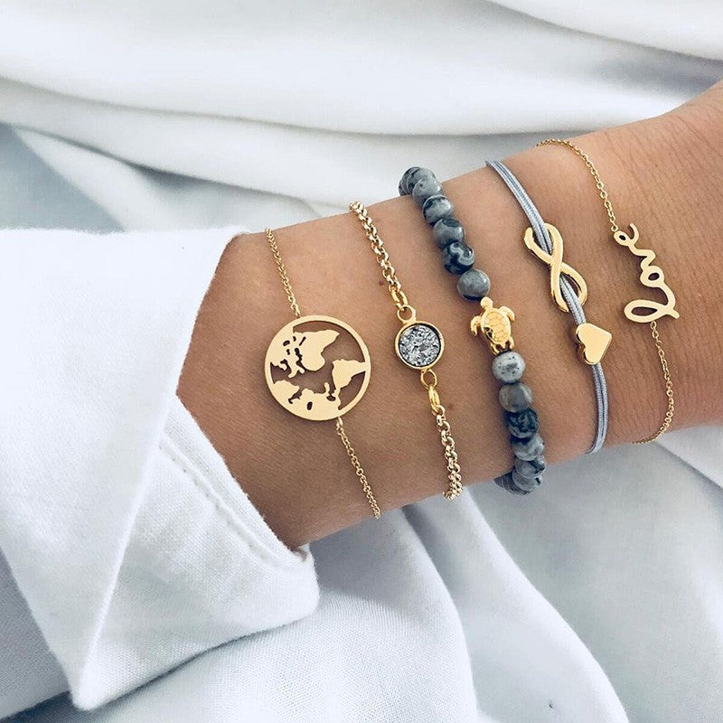 Novo boêmio amor coração mapa pulseiras conjunto para mulheres contas de cris