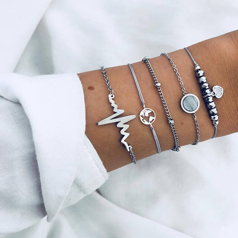 Novo boêmio amor coração mapa pulseiras conjunto para mulheres contas de cris